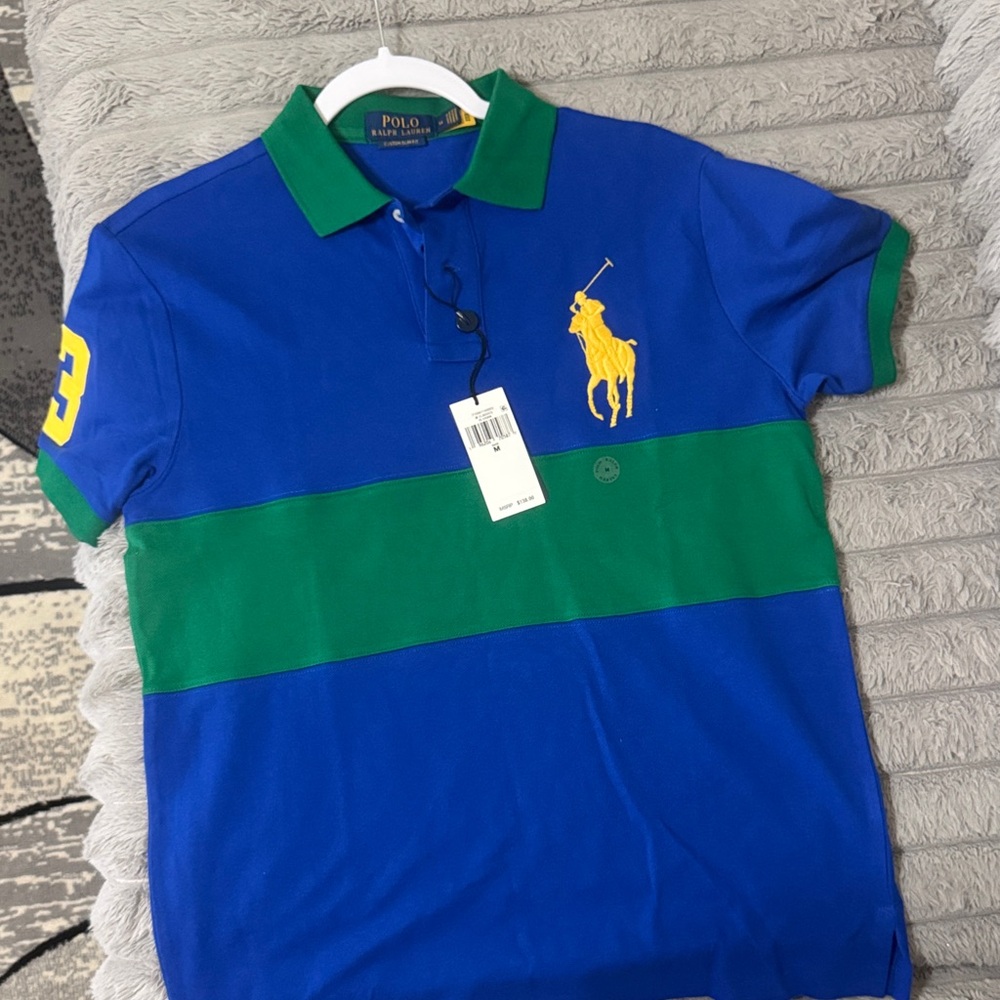 Polo by Ralph Lauren Men's Blue and Green Striped Polo